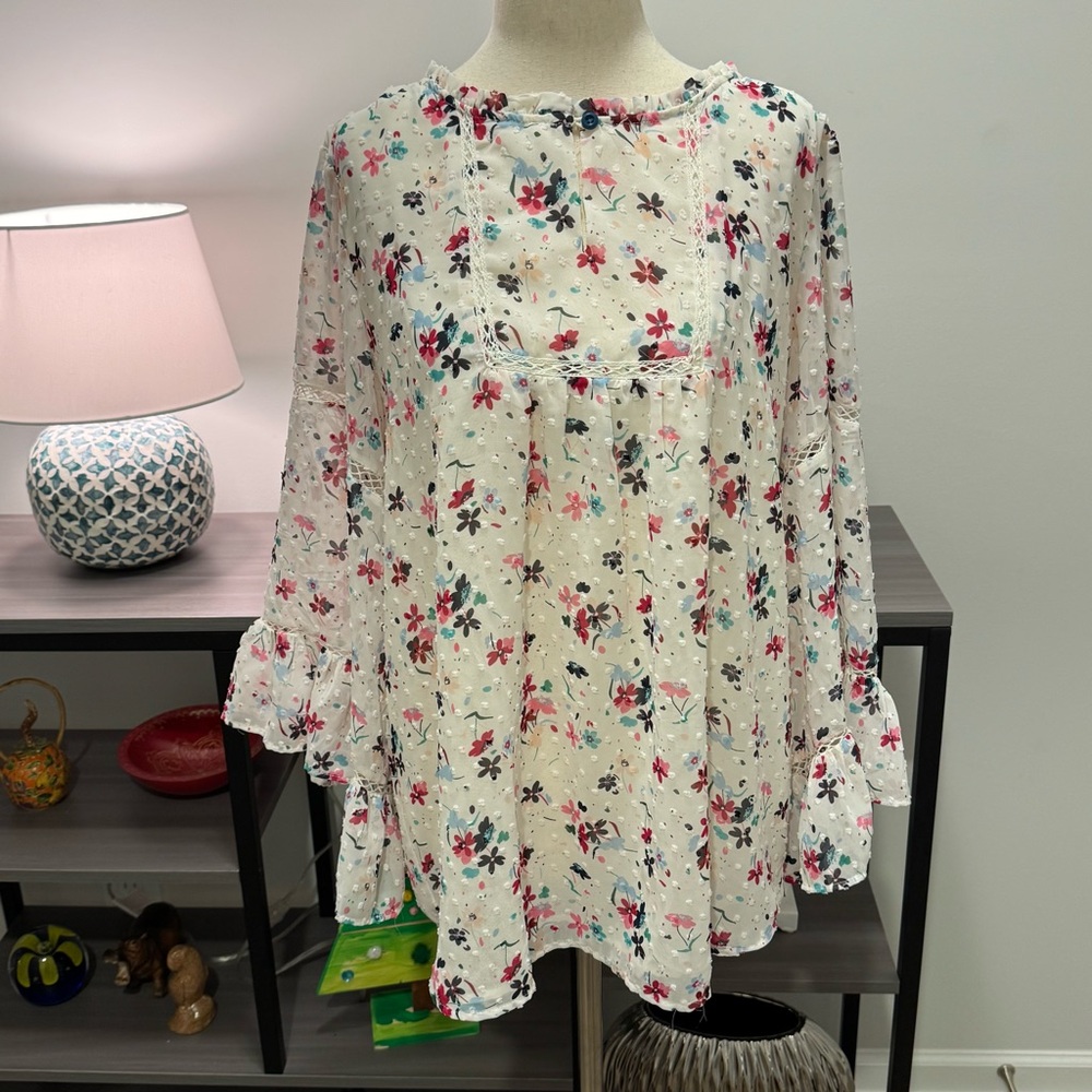 Matilda Jane Floral Swiss Dot Ruffle Blouse – Women’s Large
